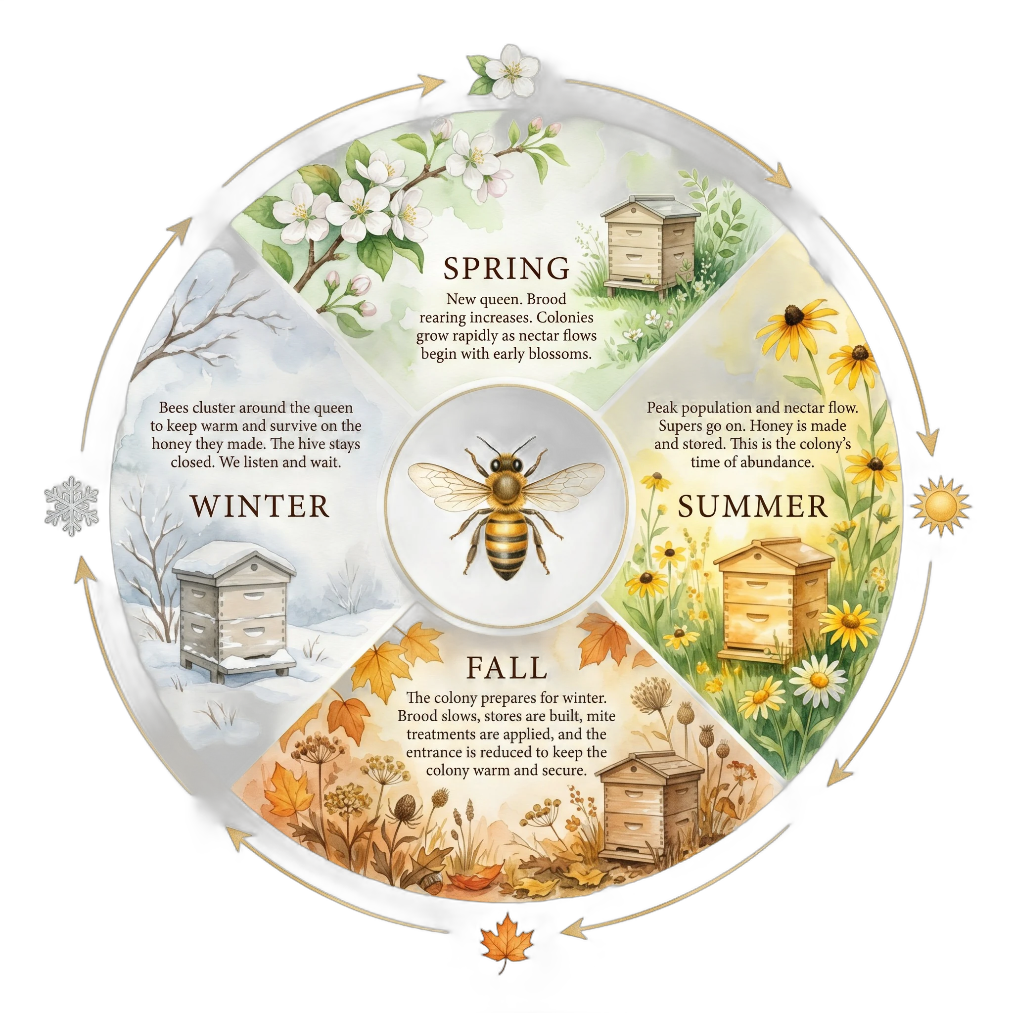A seasonal wheel of a honey bee colony — spring, summer, fall, winter, with a bee at the center