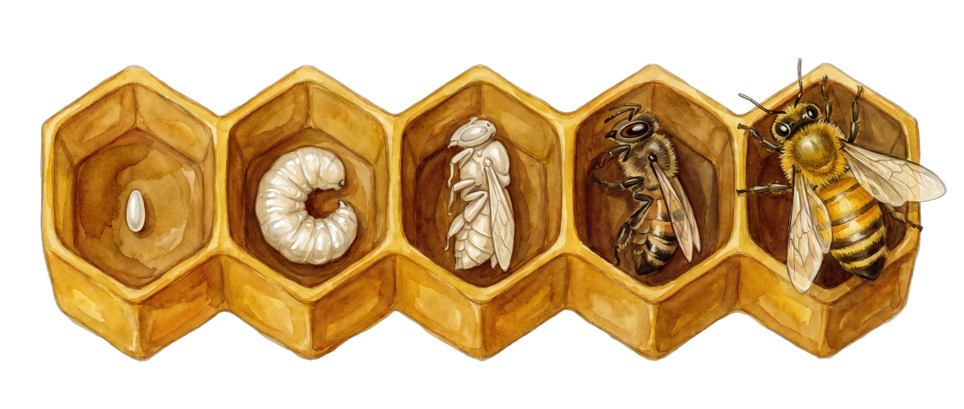 Five honeycomb cells showing the life cycle of a honey bee — egg, larva, pupa, developing bee, adult