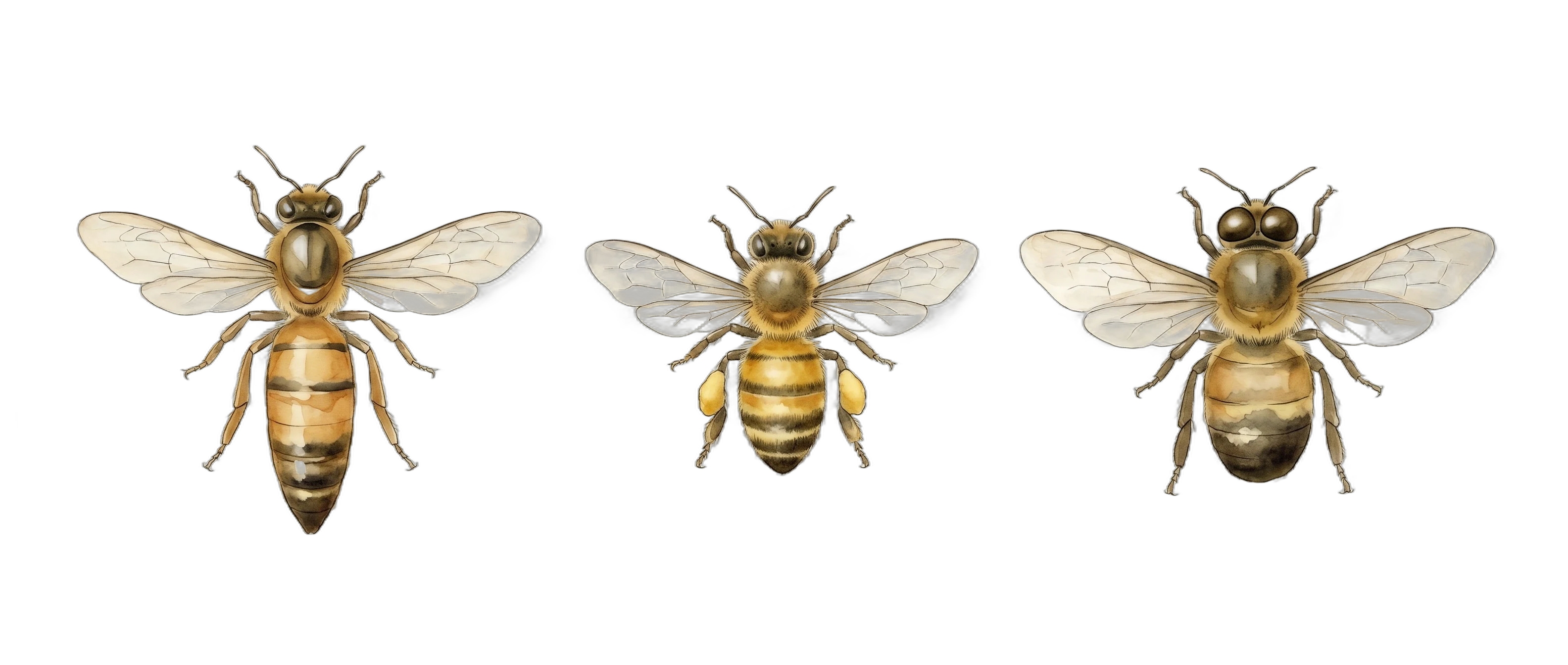 Three watercolor honey bees side by side — a queen, a worker, and a drone