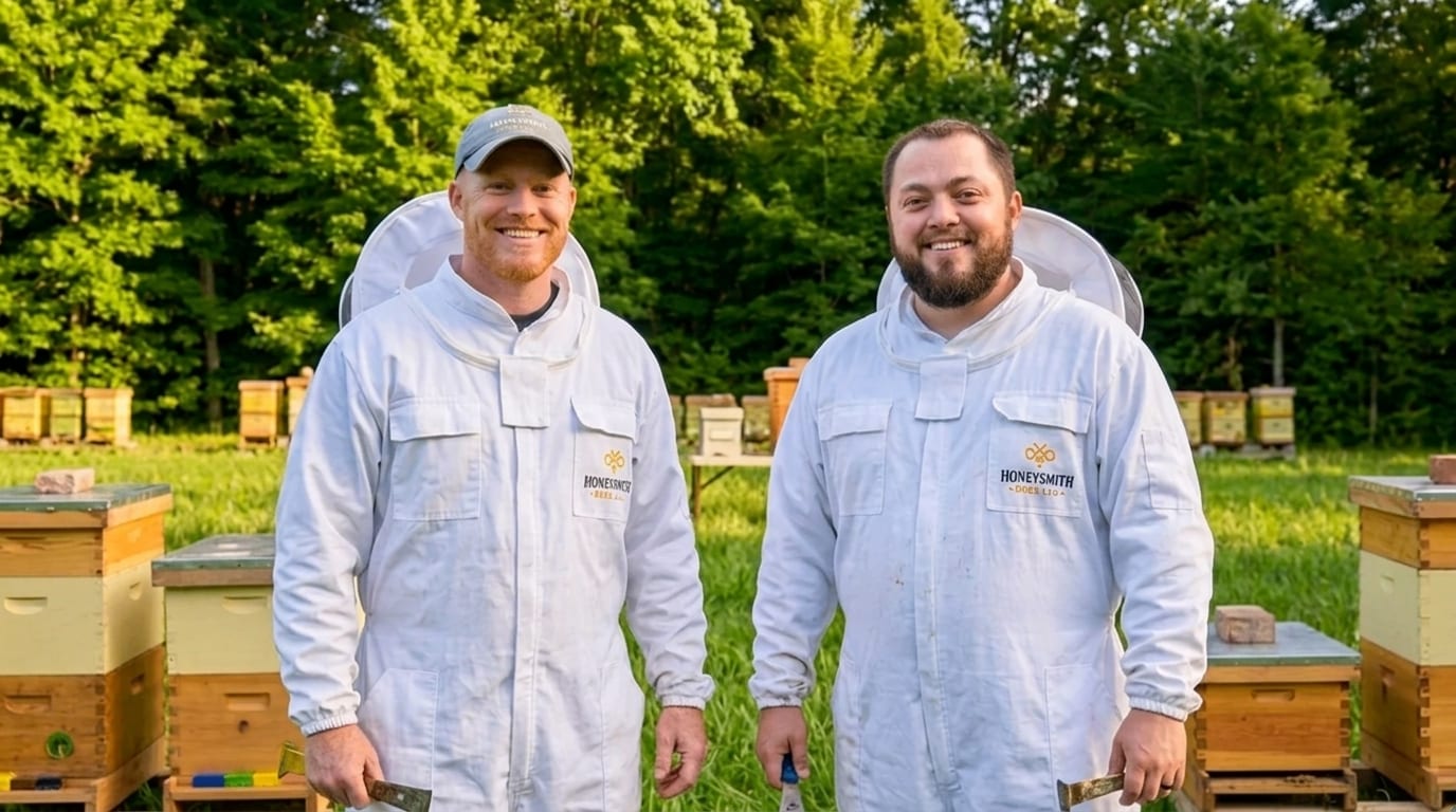 Ryan Smith and Chase Mason, the owners of Honeysmith Bees & Gardens, smiling in white Honeysmith beekeeping suits among the wooden hive boxes of the working apiary.